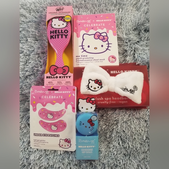 Hello Kitty Face Mask, Spa Headband, Hair Brush, Eye Patches, Lip Balm Bundle